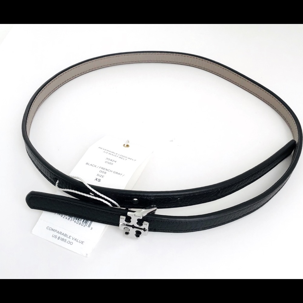 Tory Burch Logo Reversible 1/2” Belt Black/Gray XS
